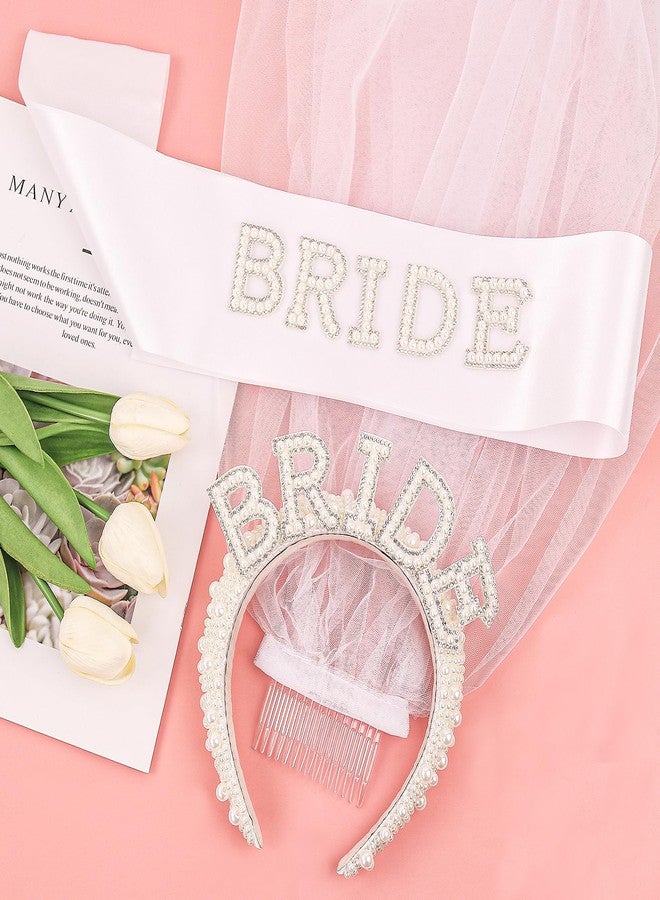 FEINIGESI Pearl Bride Headband with White Bridal Veil and Sash 3 In 1 Set for Bridal Shower Bachelorette Party Decorations Engagement Parties Gift Favors - Image 5